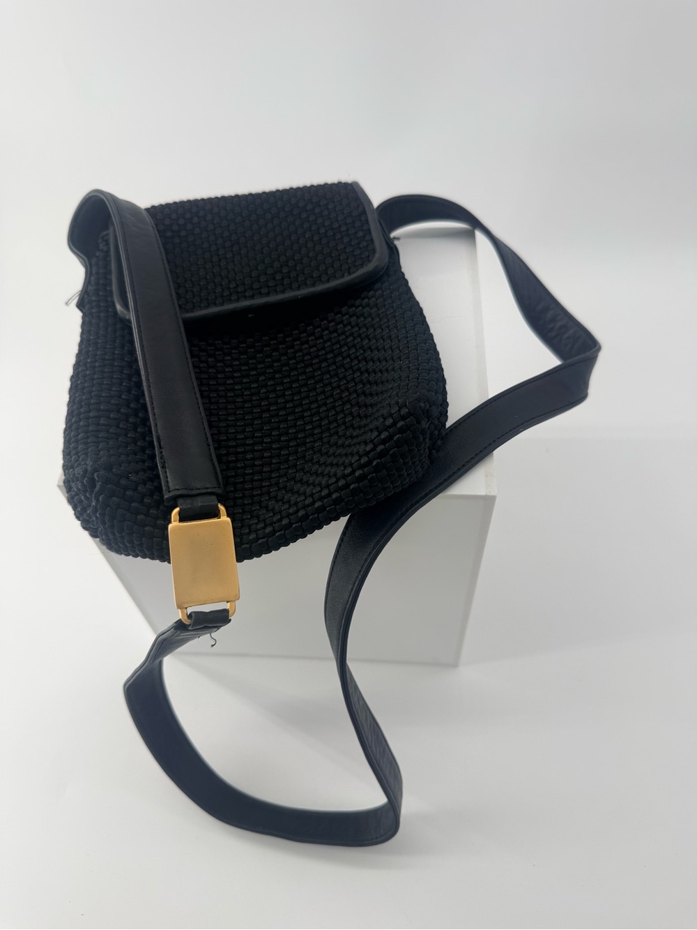 Sharif Black Woven Flap Crossbody with Gold Accent